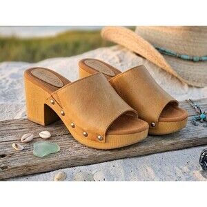 Latigo Tan Leather Platform Clogs Studded Wood Block Heel Mules Boho Sandals Sz6